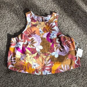 Floral Sleeveless Cotton Linen Crop Tank